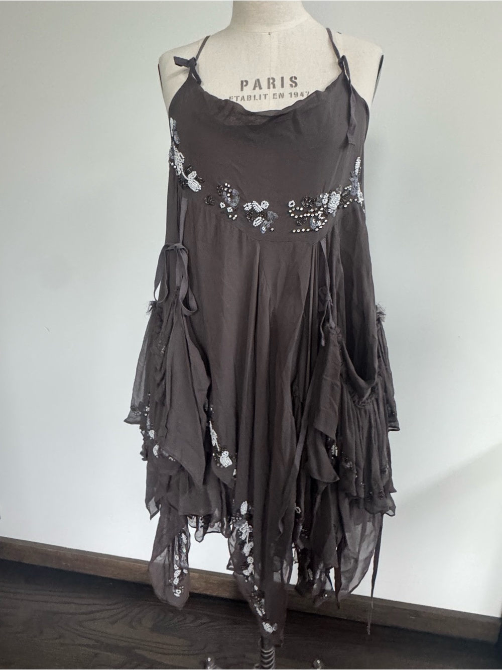 All Saints Brown Asymmetrical Embellished Slip Dress